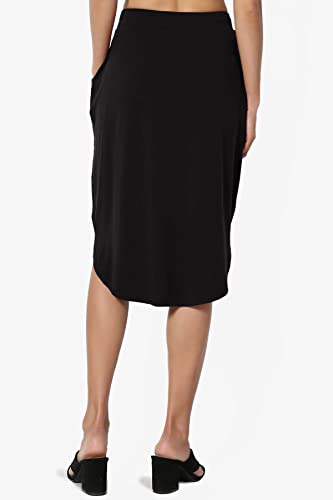 Women's Drawstring Elastic Waist Dolphin Hem Stretch Jersey Pocket Midi Skirt Black 1X #TOP1
