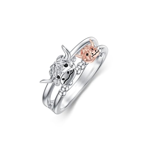 WINNICACA Highland Cow Gifts 925 Sterling Silver Highland Cow Ring Statement Band Jewelry For Women Best Friend Rings Mother Daughter Rings Mom Ring Size 8