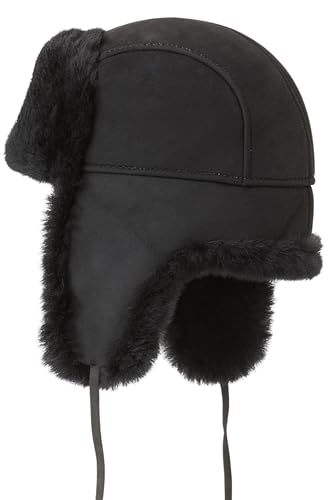 Image of Leather Aviator Shearling Ushanka Trapper Hat Russian Sheepskin Cap Real Fur Winter Hat with Ear Flaps for Men Women