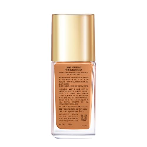 Image of LAKME Powerplay Priming Liquid Foundation, Natural, Flawless Finish, Medium To Full Coverage, Built in Primer, Long Lasting, SPF 20, Neutral Chestnut, 25ml