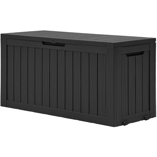 DWVO Caja de resina para exteriores de 270 litros con ruedas, caja de almacenamiento impermeable para cojines de patio, equipo deportivo y herramientas de jardín, con cerradura, color negro