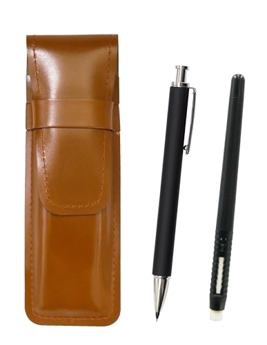 2個パック スリム牛革ペンケース茶 ペン型消しゴム 黒と押し出し成型ラバー軸真鍮ノックシャープペンセット 黒 ASCMC46B-HS301S-2