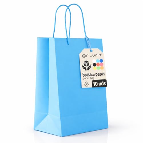 Bolsas de papel azules para regalo grande y compras de moda en el comercio local de proximidad