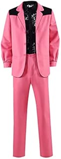 Howelthy Mens Elvis Suit Halloween Cosplay Costume Rock N Roll Stage Outfit Pink Coat Trousers and Lace Shirt (Medium), Pink & Black