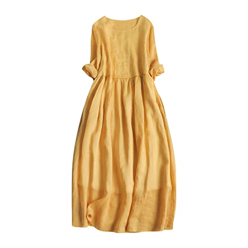 Zeiayuas Summer Maxi Dresses for Women UK Italian Linen Dresses Solid Tunic Dresses Long Sleeve Round Neck Casual Dresses Elegant Baggy Pullover Dresses Party Work Dresses Clearance Yellow