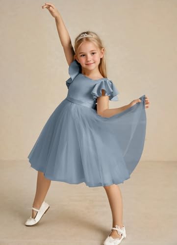 Girls Ruffled Sleeve Flower Girl Dress with Bow Knot Square Neck Satin Tulle Birthday A Line Dress4