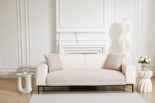 Image of HOMETHREADS Premium Embroidered Cotton Sofa Cover Mat with PVC Backing for Non-Slip Comfort (Beige, 1 Seater | 70x70cm)