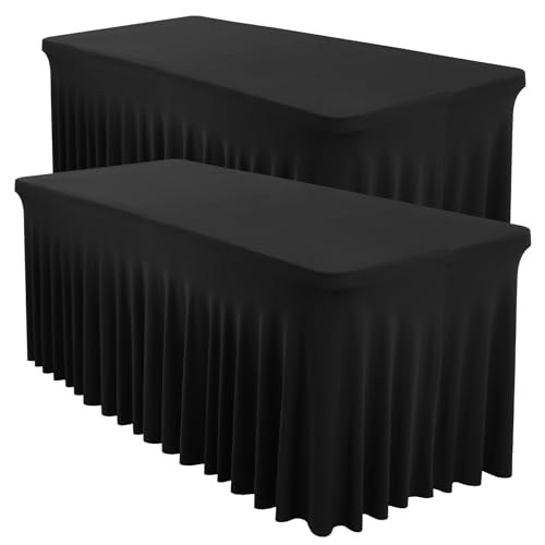Shillance 2 Packs Black Spandex Table Covers 6 Foot, Fitted Stretch Table Cloth with Skirts 72x30 Inch, Wrinkle-Free Floor Length Rectangle Tablecloths for Trade Show Weddings Parties Banquets Events