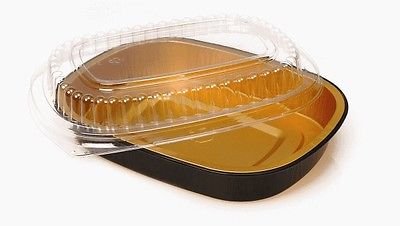 Small 23 oz. Black & Gold Aluminum Foil Smooth-Wall Pan with Clear Dome Lid - For Meal Prep Microwaveable Disposable Heavy Duty (Pack of 20 Sets)