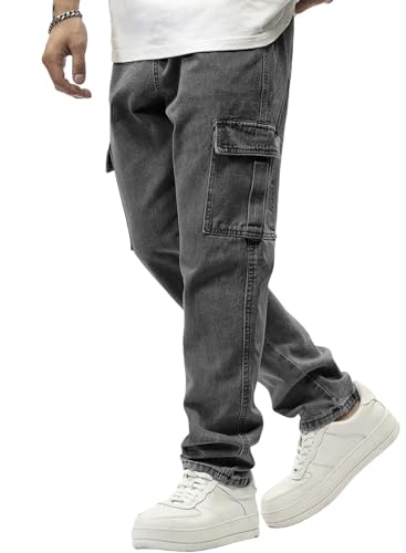 Image of JMIERR Men's Elastic Waist Cargo Jeans Stretch Denim Pants with Drawstring Relaxed Fit for Casual Daily Wear