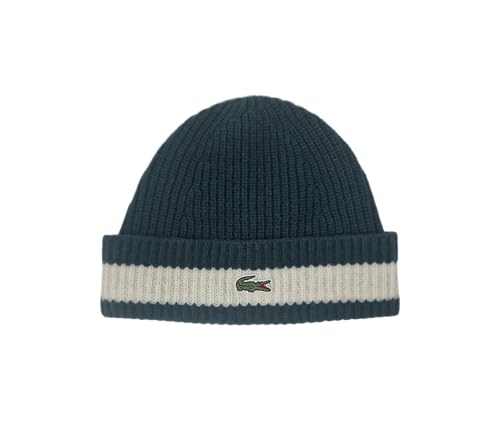 Image of Lacoste RB9883 Wool Beanie Hat in Green with White Stripe
