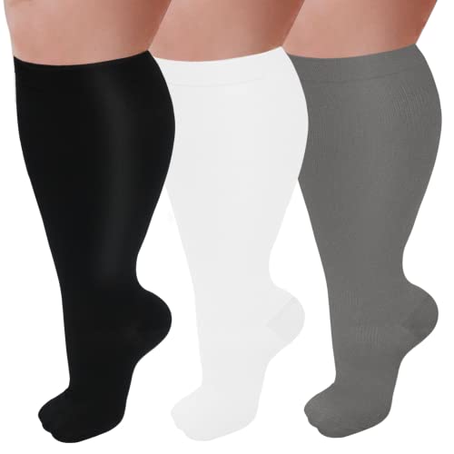 Image of 3 Pairs Plus Size Compression Socks for Women and Men Wide Calf 20-30mmhg Extra Large Knee High Support for Circulation