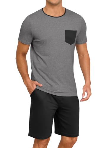 PrinStory Mens Summer Pajamas Set Lightweight Pjs Sets Short Sleeve Pajama Shorts Set Soft Sleepwear Loungewear with Pockets