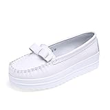  Damen Leder Slip On Loafers Bowknot Round Toe Platform Wedges Krankenschwester Schuhe Verschleißfeste Comfort Walking Flats Gesundheitswesen Weiße Turnschuhe