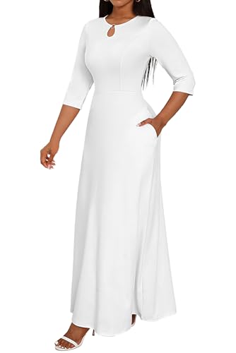 FANDEE Women's Maxi Dress Casual Boho Plain Long Dresses 3/4 Sleeve with Pockets