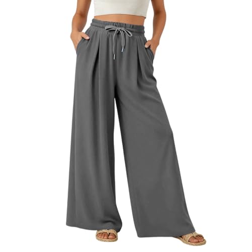 Image of Generisch Women's Casual Loose Fit Trousers Solid Color Comfortable Elastic Waist Soft Pants, darkgray, M