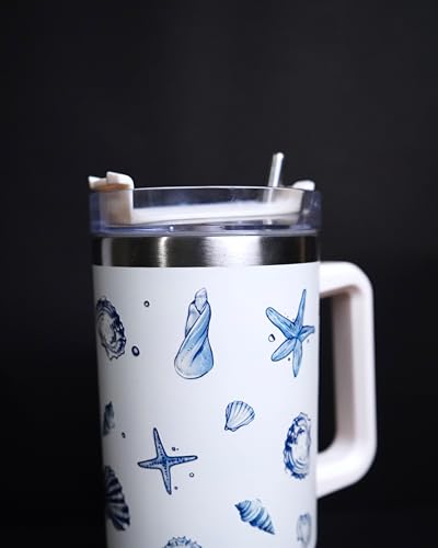 Image of 1200ML Stainless Steel Tumbler Hot and Cold with Handle and Lid and 2 Straws, Double Insulated Cup Leak Proof Mug Cupholder for Gym, Travelling (WhiteSeaShells)