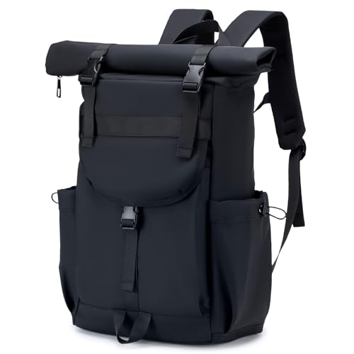 BAGZY Zaino Rolltop Uomo Donna Porta PC 17 Pollici, Zaino Porta PC Impermeabile Zaino da Viaggio Espandibile Elegante Casual Backpack per la Scuola, per Università, Lavoro，Noir