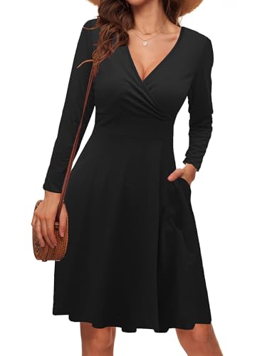 LIAMERHE Damen Elegant Kleid Langarm V-Ausschnitt Casual Kleider A-Linie Winterkleider Blumenmuster Minikleid Mode Freizeitkleider Herbst Winter...