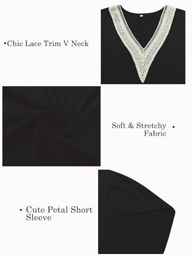 Plus-Size-Womens-Summer-Tops 2024 Lace Trim V Neck T Shirts Petal Short Sleeve Tunics Trendy Going Out Blouses XL-5XL4