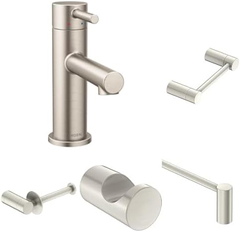 Moen Align Brushed Nickel Modern Bathroom Set - One-Handle Faucet 6190BN with 24-Inch Towel Bar, Robe Hook, and Two Toilet Paper Holders