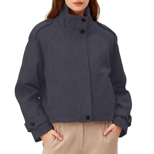 Image of Generisch Women's Trechcoat Asu Wool Short Coat Baggy Wool Coat with Stand-Up Collar Buttons ZIip Jacket Soft Comfortable Transition Jacket Windbreaker Plain Leisure Jacket for Autumn Winter, gray, S