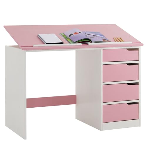 IDIMEX Bureau Enfant Emma Bureau avec Rangement 4 tiroirs et Plateau inclinable, Style scandinave,...