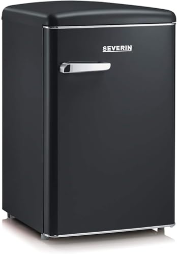 SEVERIN Retro-Tischkühlschrank, inkl. platzsparender Kühloption, 2 x höhenverstellbare Abstellflächen, integriertes Gefrierfach, extrem leise - 37 dB, 108 L Nutzinhalt, mattschwarz, RKS 8832