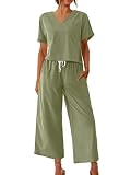 Ekouaer Women's 100% Cotton Linen Lounge Set Short Sleeve Top Wide Leg Pant Pajama Set Outfits,Light...