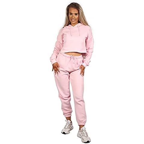 trending babz Womens Ladies Crop Hooded set Oversized 2 Piece Loungewear Tracksuit Joggers Top Bottom Set Size 8-22 Cover