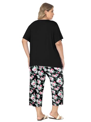Womens Modal Plus Size Pajamas Capri Pajama Sets Soft Pjs V Neck Shirt Printed Capri Pants With Drawstring S-3XL2