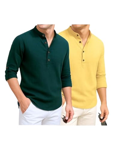 Image of DEEMOON Combo of Men's Cotton Blend Solid Regular Fit Full Sleeve Short Kurta | Men's Trendy Short Kurta Pack of 2 (Available in Plus Size & Combo Packs)