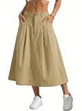 GRECERELLE Falda larga de verano para mujer, línea A, falda de verano, elegante, falda de trabajo, maxifalda de playa, con bolsillo, botones, caqui, 3XL