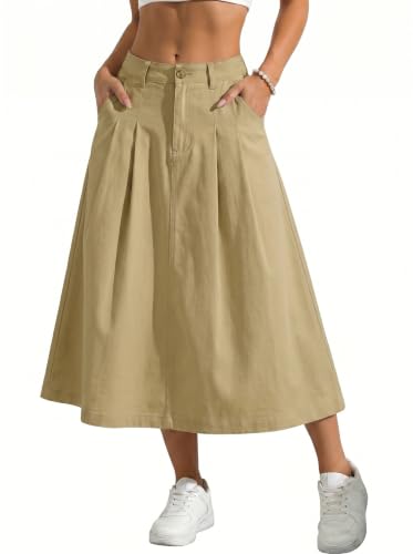 GRECERELLE Faldas largas de verano para mujer, estilo casual, maxifalda, color liso, cintura alta elástica, acampanada, con bolsillos, para mujer, caqui, L