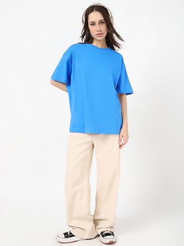 Image of Bewakoof Women's Solid Oversized Fit Half Sleeve Round Neck Cotton Jersey T-Shirt