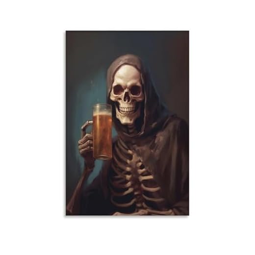 Impression sur toile de squelette et de bière, style académie sombre et gothique, impression sur toile murale décorative pour chambre, bureau, 60 x 90 cm
