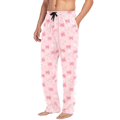 Mens Cotton Pajama Pants Sleep Lounge Pj Bottoms Sleepwear with Pockets Drawstring S White Pink Bow Heart4