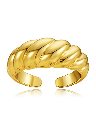 Ornapeadia Ring For Women Gold Thick Chunky Dome Croissant Braided Twisted Signet Stacking Open Wrap Band 18K Gold Filled Simple Minimalist Statement Finger Jewelry Adjustable #TOP4