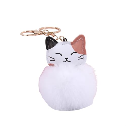 COLORFUL BLING Cute Fluffy Cat Keyring Multicolor Fluffy Ball Cat Keyring Faux Fur Ball Pom Pom Key Chain Bag Decoration-White