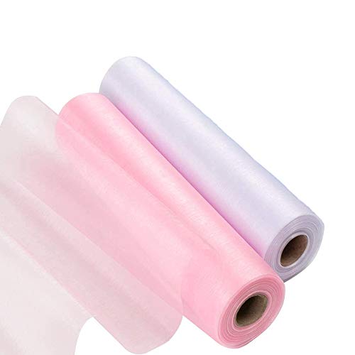 2 Rollos Organza, Rollo Organza Transparente, 29 cm x 26 m Elegante Rollo Organza Tul Cinta Blanca para Decoración Mesa Boda, Arcos Silla, Caminos Mesa, Favores Fiesta, Bricolaje (Rosa Bebé, Blanco)