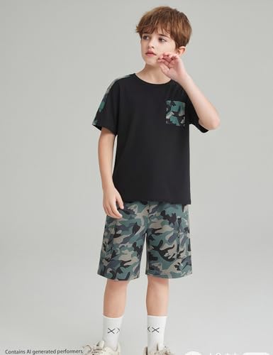 Image of mksodopy Boys Summer Outfit Set 2 Piece T Shirt and Camo Shorts Casual Clothes for Little Big Boys 5-16