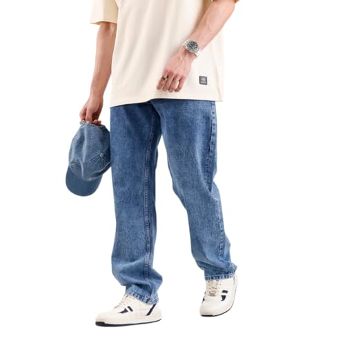 Image of WROGN Men's Mid-Rise Jeans | 100% Cotton | Anti-Fit Relaxed Silhouette