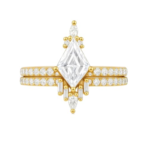 10K Gold 1.5 CT.tw. Moissanite Bridal Rings Sets for Her, 10K 14K 18K Real Yellow Gold Kite-cut Moissanite Engagement Ring Set for Women, 0.25Ctw Wedding Eternity Band for Engagement