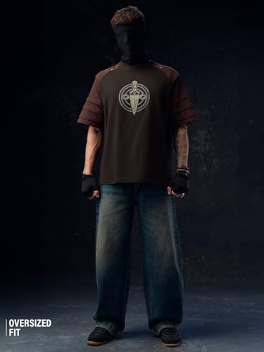 Image of The Souled Store Vikings: Longship Men and Boys Short Sleeve Rpund Neck Brown Embroidered Cotton Oversized Lightweight Breathable Drop Shoulder Streetwear T-Shirts