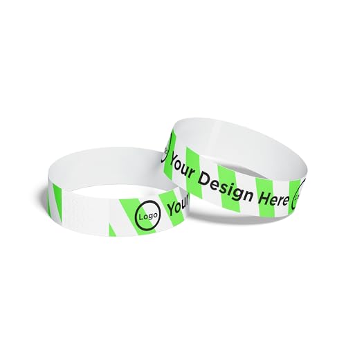 Image of ID&C Printed Striped Tyvek Paper Event Wristbands – 100 Numbered Tamper Proof Security Wristbands for Events and Festivals – Neon Green and White Stripe