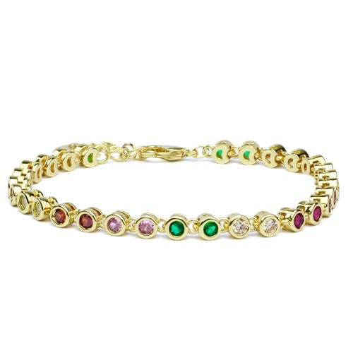 14K Gold Plated Simulated Diamonds Bezel Set Tennis Bracelets for Women - 3mm Cubic Zirconia Stones Trillion Trinity Radiant Cut Round - Colorful Bracelets for Women - Adjustable to fit all wrist sizes