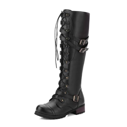 SHEMEE Women's Flat Combat Boot Buckle Riding Knee High Boots Lace Up Chunky Low Heels Gothic Motorcycle Boots with Inside Zipper2