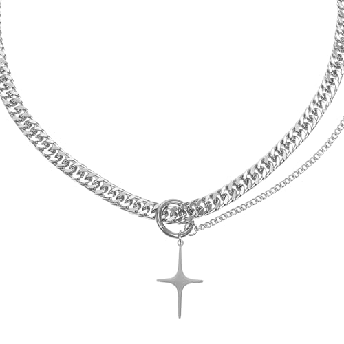 Silver Y2k Irregular Necklace Retro Cross Star Pendant Double Chain Necklace Titanium-Steel Adjustable Hip Hop Grunge Layered Chain Gifts Accessories for Women Men