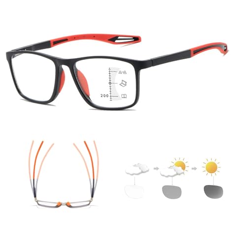 Genérico Gafas de Lectura progresivas fotocromáticas Inteligentes, Deportivas, Gafas de Presbicia con Antiluz Azul de Moda para Hombres y Mujeres(Black/Red,0.0 x)