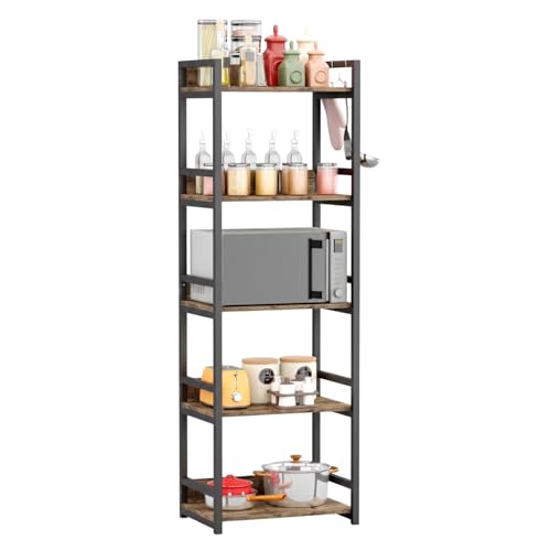 Image of TEKAVO Noxy 5 -Tier Kitchen Organizer Rack|Multipurpose Microwave Stand for Kitchen Platform & OTG Oven|Steel Utensils Storage Shelf with Hooks | Forest Wood, Metal (60x39x166 cm) | DIY